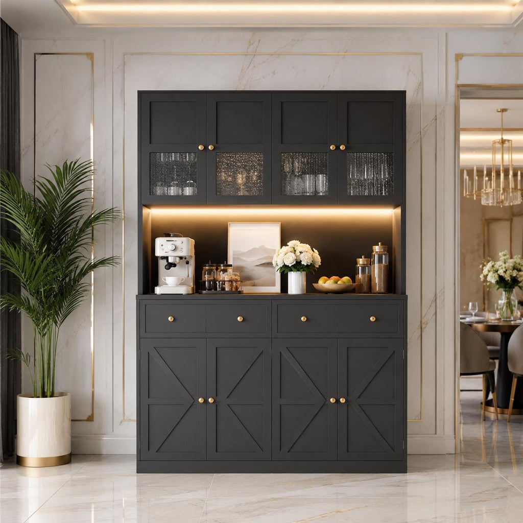 71" Farmhouse Kitchen Pantry Cabinet with LED Light & Charging Station, Large Food Storage Cabinet with Microwave Shelf, 47.2"