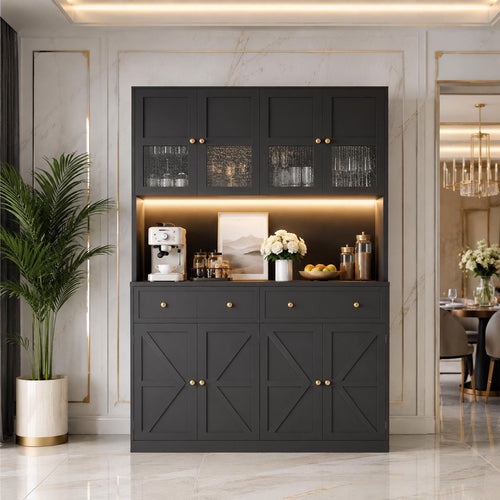 71" Farmhouse Kitchen Pantry Cabinet with LED Light & Charging Station, Large Food Storage Cabinet with Microwave Shelf, 47.2"