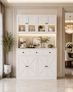 71" Farmhouse Kitchen Pantry Cabinet with LED Light & Charging Station, Large Food Storage Cabinet with Microwave Shelf, 47.2"