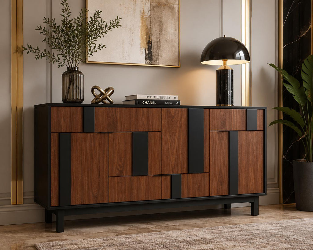 Modern 3D Geometric Sideboard Cabinet – 54 Inch TV Stand & Buffet Storage Cabinet with 4 Doors and 3 Drawers | Customized Console Cabinet