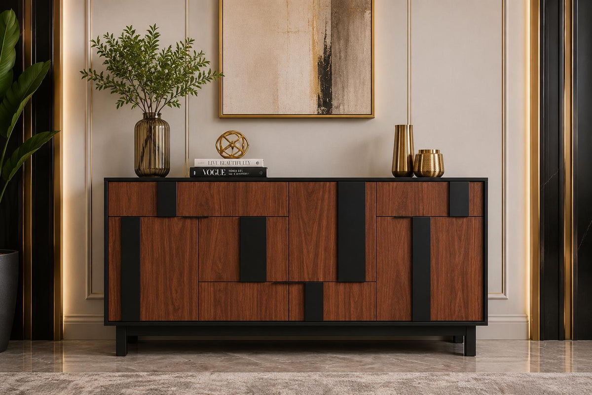 Modern 3D Geometric Sideboard Cabinet – 54 Inch TV Stand & Buffet Storage Cabinet with 4 Doors and 3 Drawers | Customized Console Cabinet