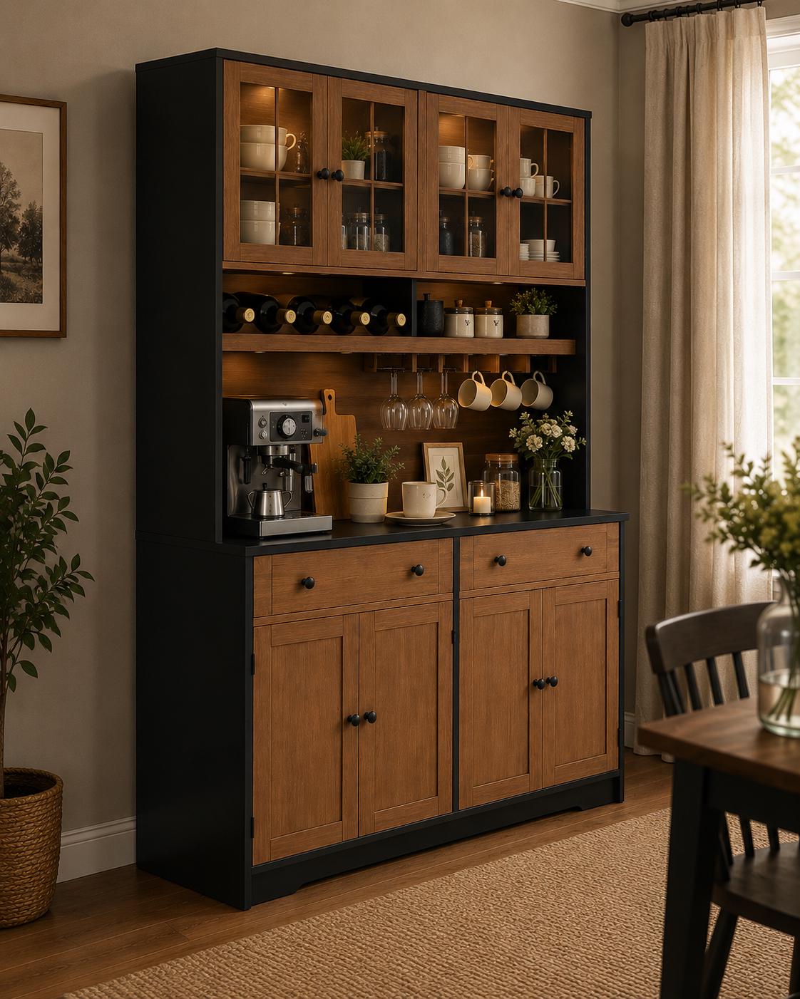 Modern White Kitchen Pantry Cabinet with Charging Station, Wine Rack, Microwave Stand