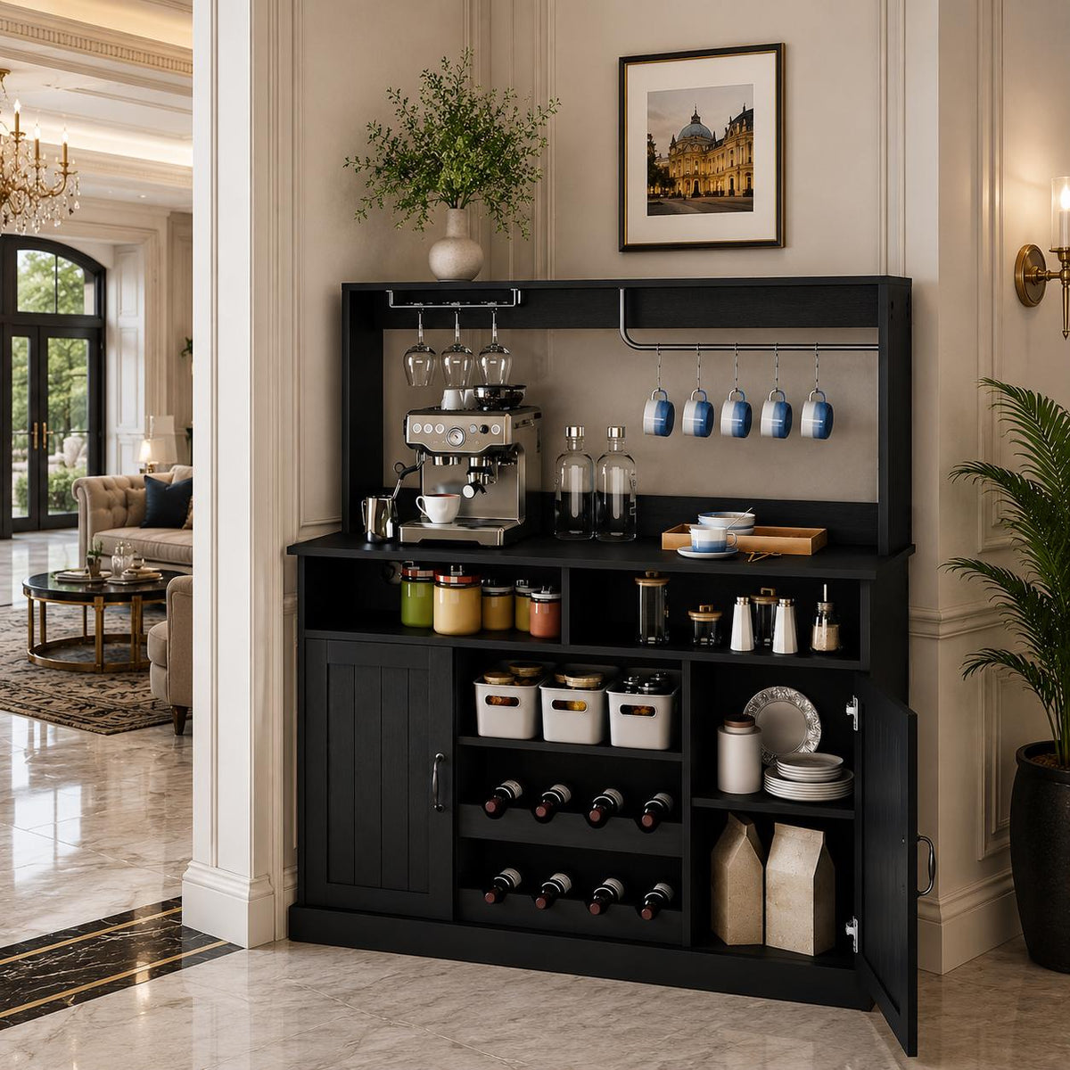 47" Farmhouse Buffet Cabinet with Power Outlets, Wine Rack, Goblet Holder