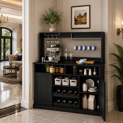 47" Farmhouse Buffet Cabinet with Power Outlets, Wine Rack, Goblet Holder