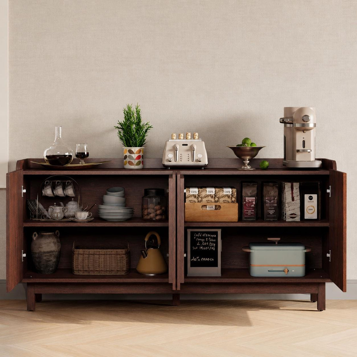 Farmhouse Buffet Cabinet, Red Walnut Storage Sideboard, Mid-Century Modern Grille Doors