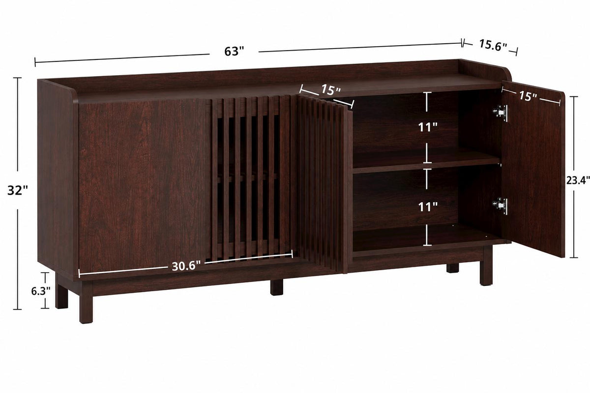 Farmhouse Buffet Cabinet, Red Walnut Storage Sideboard, Mid-Century Modern Grille Doors