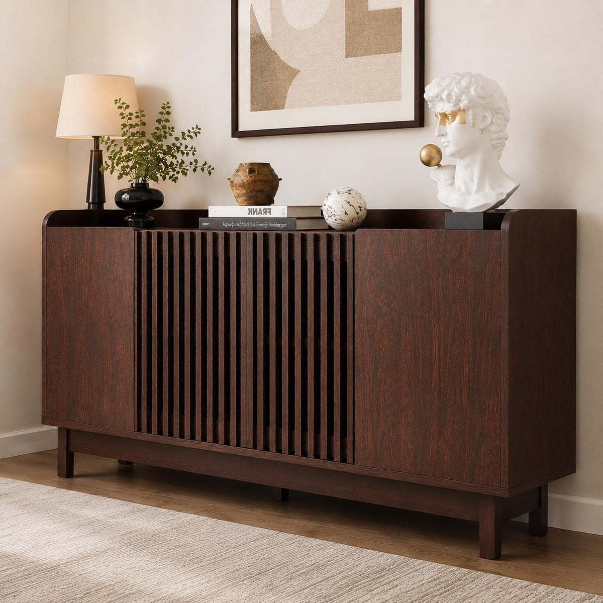 Farmhouse Buffet Cabinet, Red Walnut Storage Sideboard, Mid-Century Modern Grille Doors