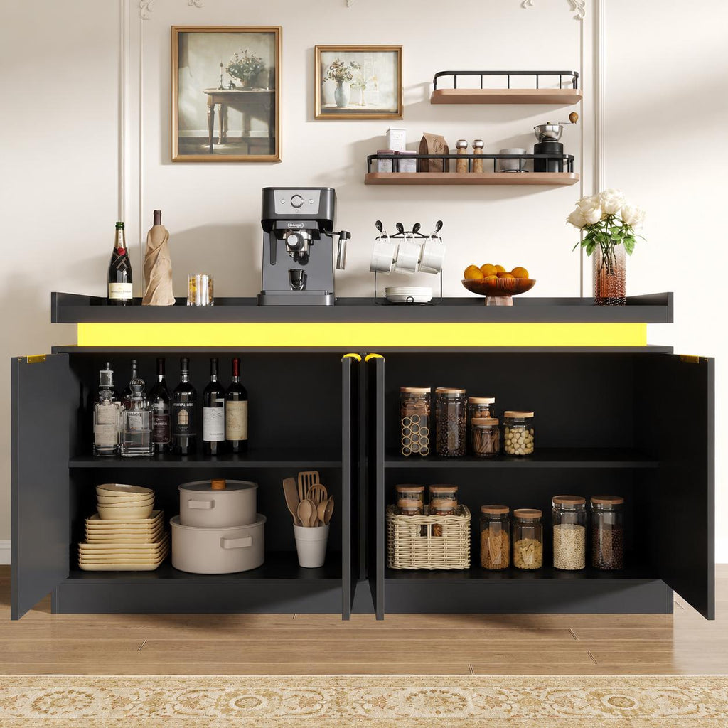 Modern Sideboard Buffet Cabinet with LED Lights and Power Outlets, 63-inch Storage Console