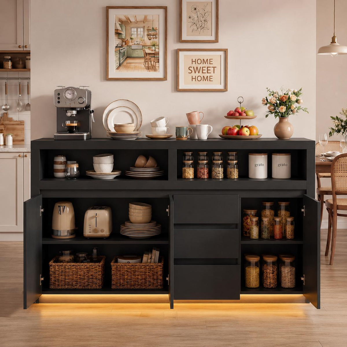 Modern Black Sideboard Buffet Cabinet with LED Lights and Power Outlet