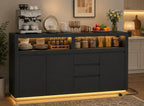 Modern Black Sideboard Buffet Cabinet with LED Lights and Power Outlet