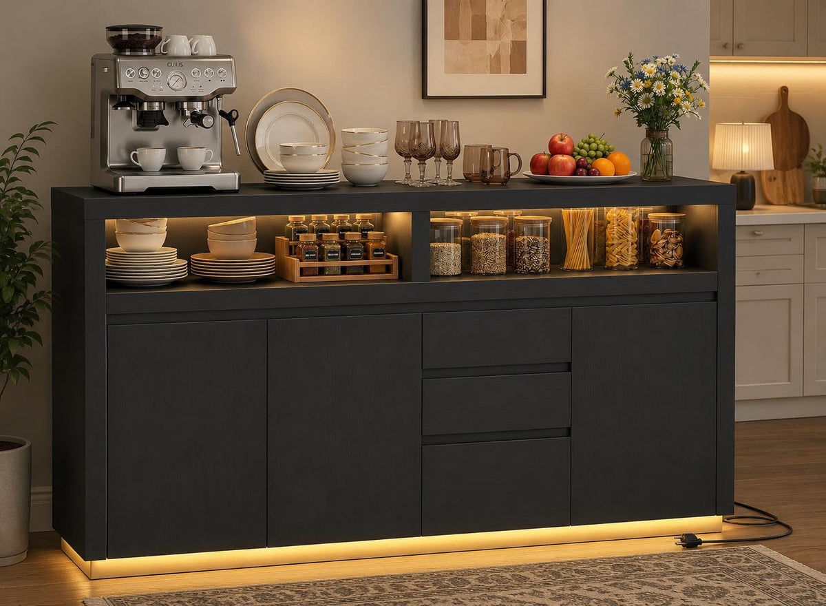 Modern Black Sideboard Buffet Cabinet with LED Lights and Power Outlet