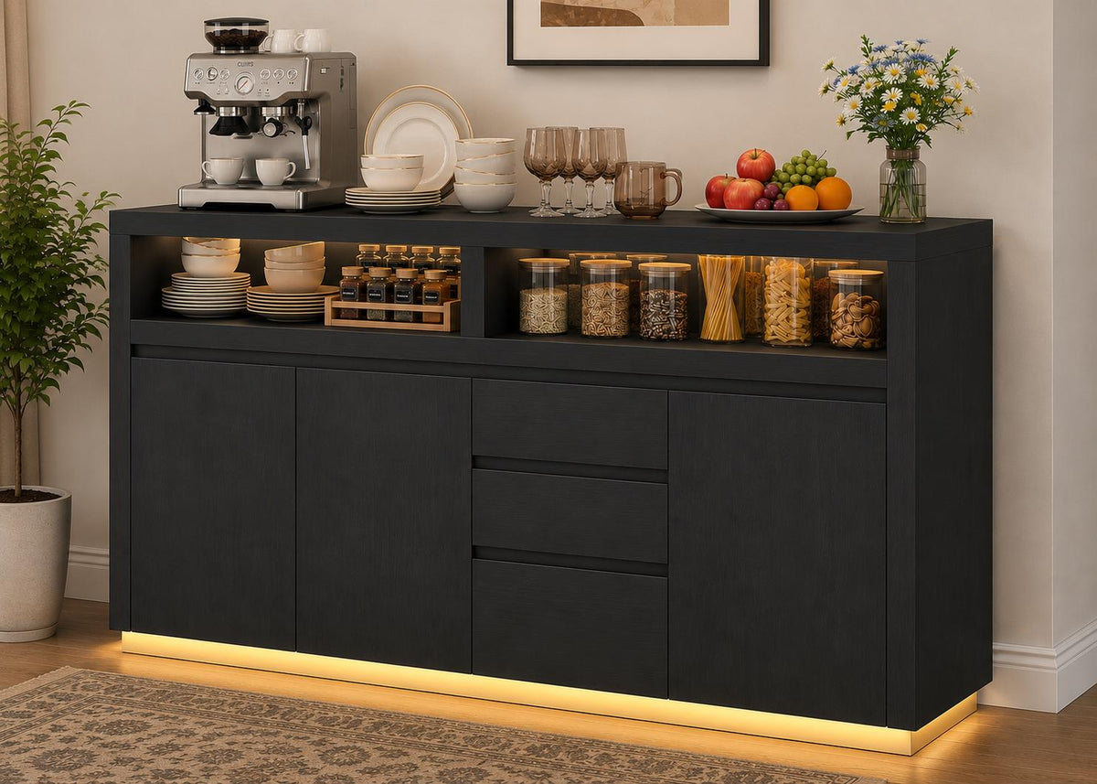 Modern Black Sideboard Buffet Cabinet with LED Lights and Power Outlet