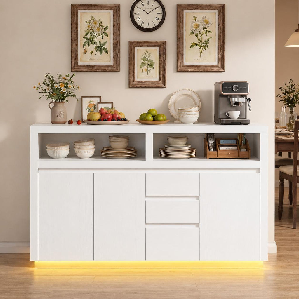 Modern Black Sideboard Buffet Cabinet with LED Lights and Power Outlet
