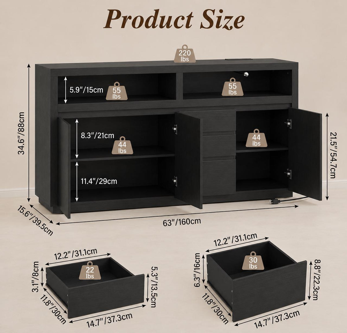 Modern Black Sideboard Buffet Cabinet with LED Lights and Power Outlet