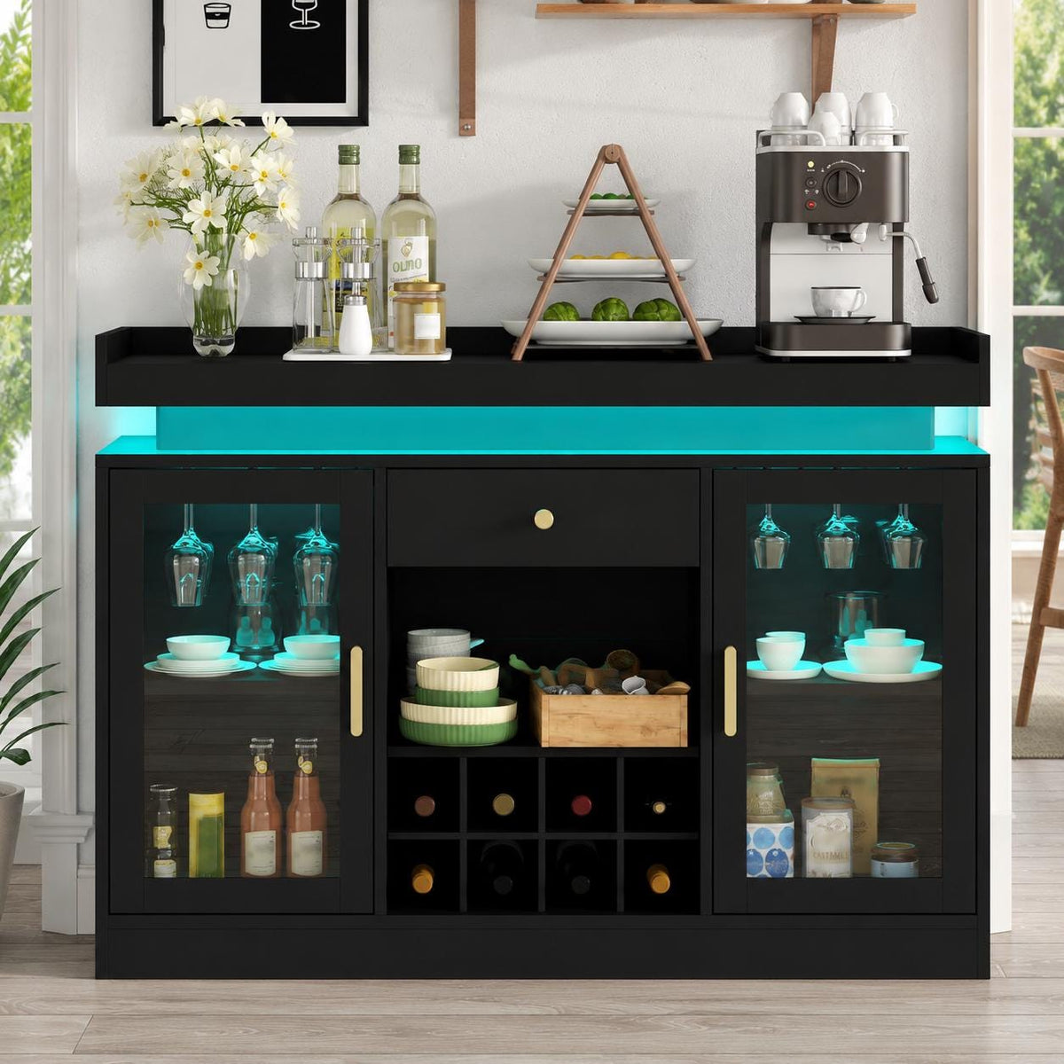 Modern Black LED Wine Bar Cabinet, Glass Doors, Bottle Racks, Stemware Holder, Liquor Storage