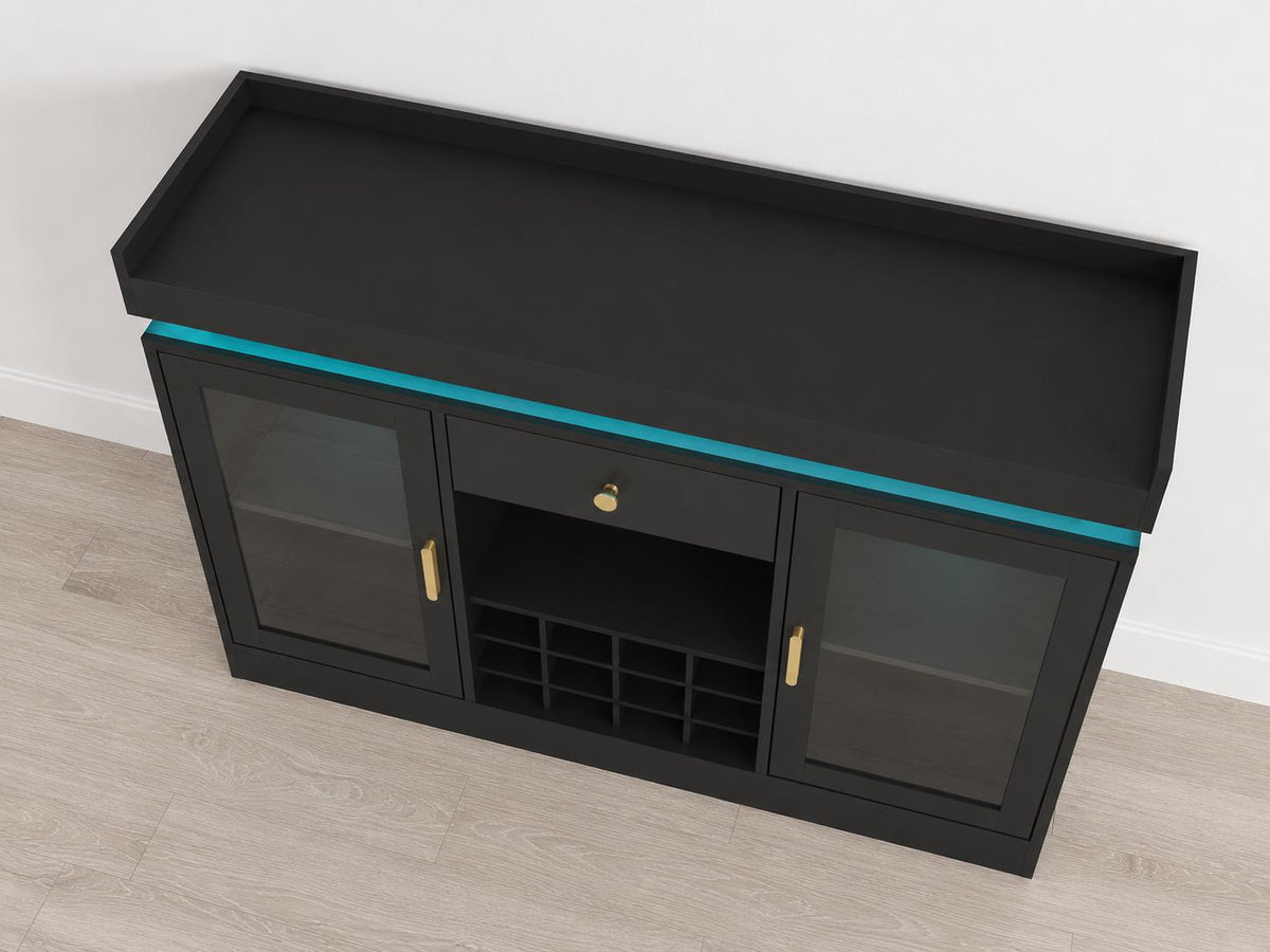 Modern Black LED Wine Bar Cabinet, Glass Doors, Bottle Racks, Stemware Holder, Liquor Storage