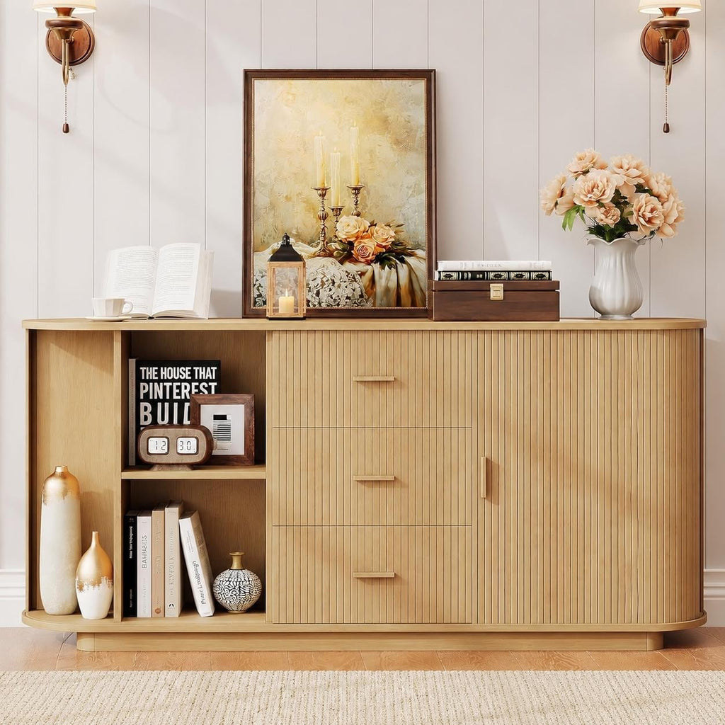 63" Fluted Sideboard Cabinet, Mid-Century Modern Coffee Bar Buffet Storage