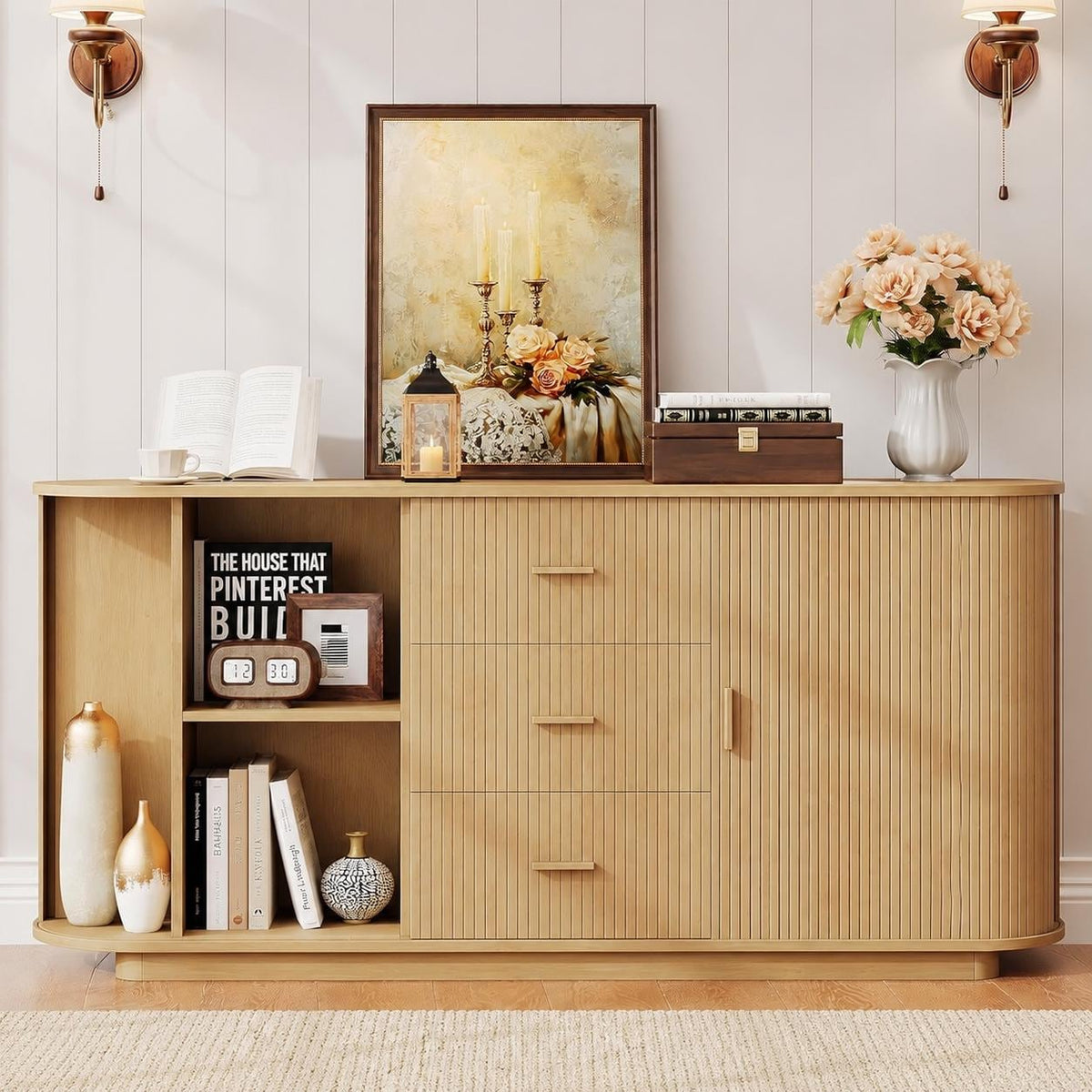 63" Fluted Sideboard Cabinet, Mid-Century Modern Coffee Bar Buffet Storage