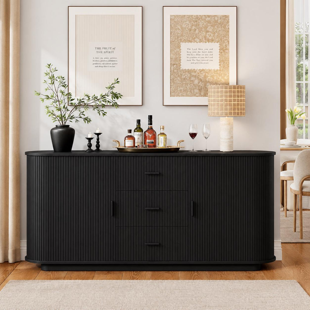 63" Fluted Sideboard Cabinet, Mid-Century Modern Coffee Bar Buffet Storage