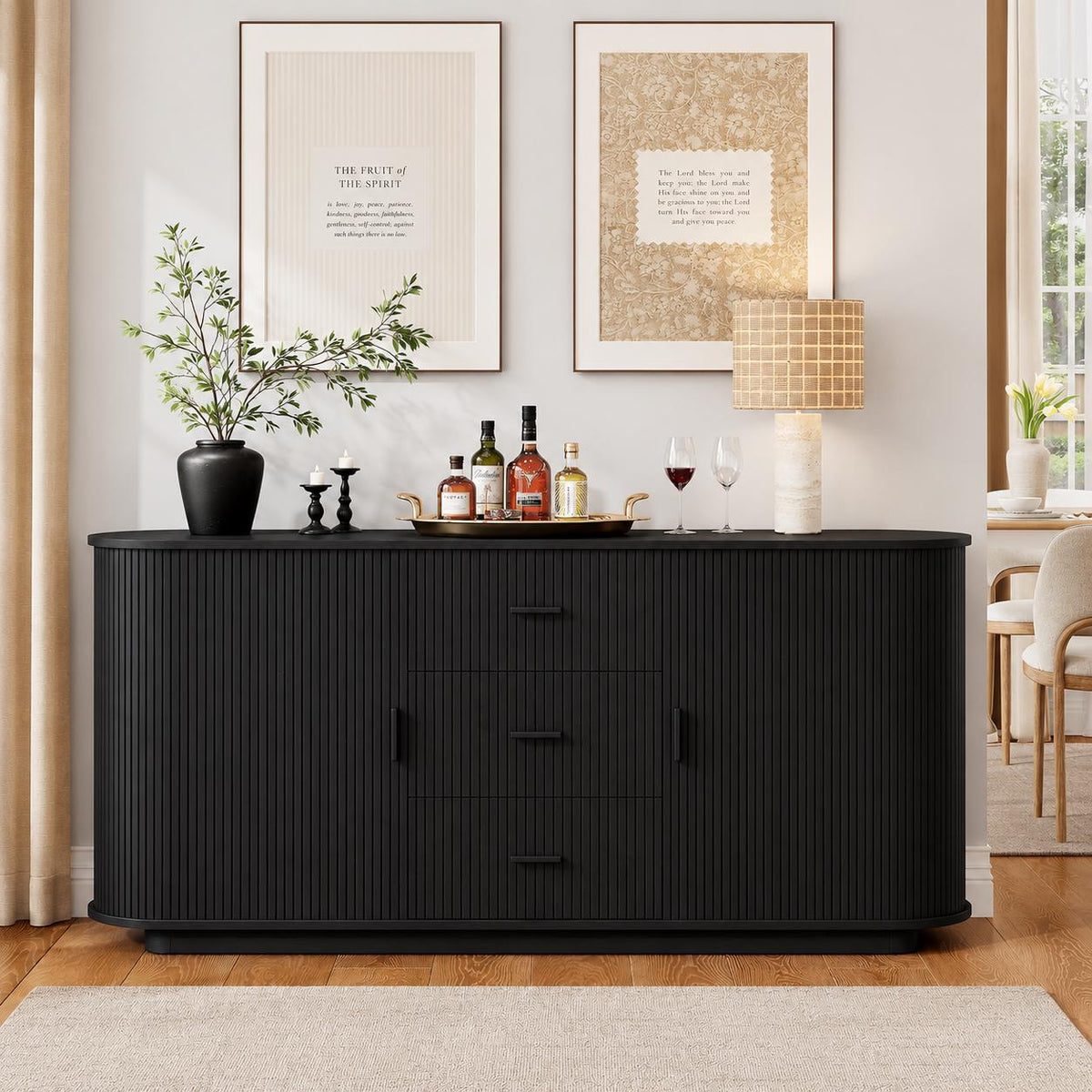 63" Fluted Sideboard Cabinet, Mid-Century Modern Coffee Bar Buffet Storage