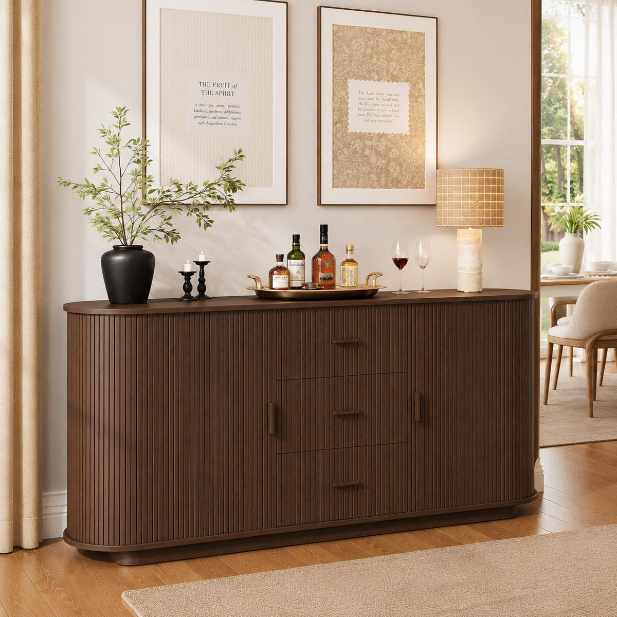 63" Fluted Sideboard Cabinet, Mid-Century Modern Coffee Bar Buffet Storage