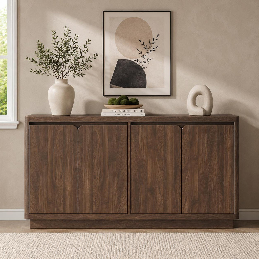 Knoworld 63" Buffet Cabinet with Storage & Power Outlet – Modern Wood Sideboard Credenza with Double-Arc Doors