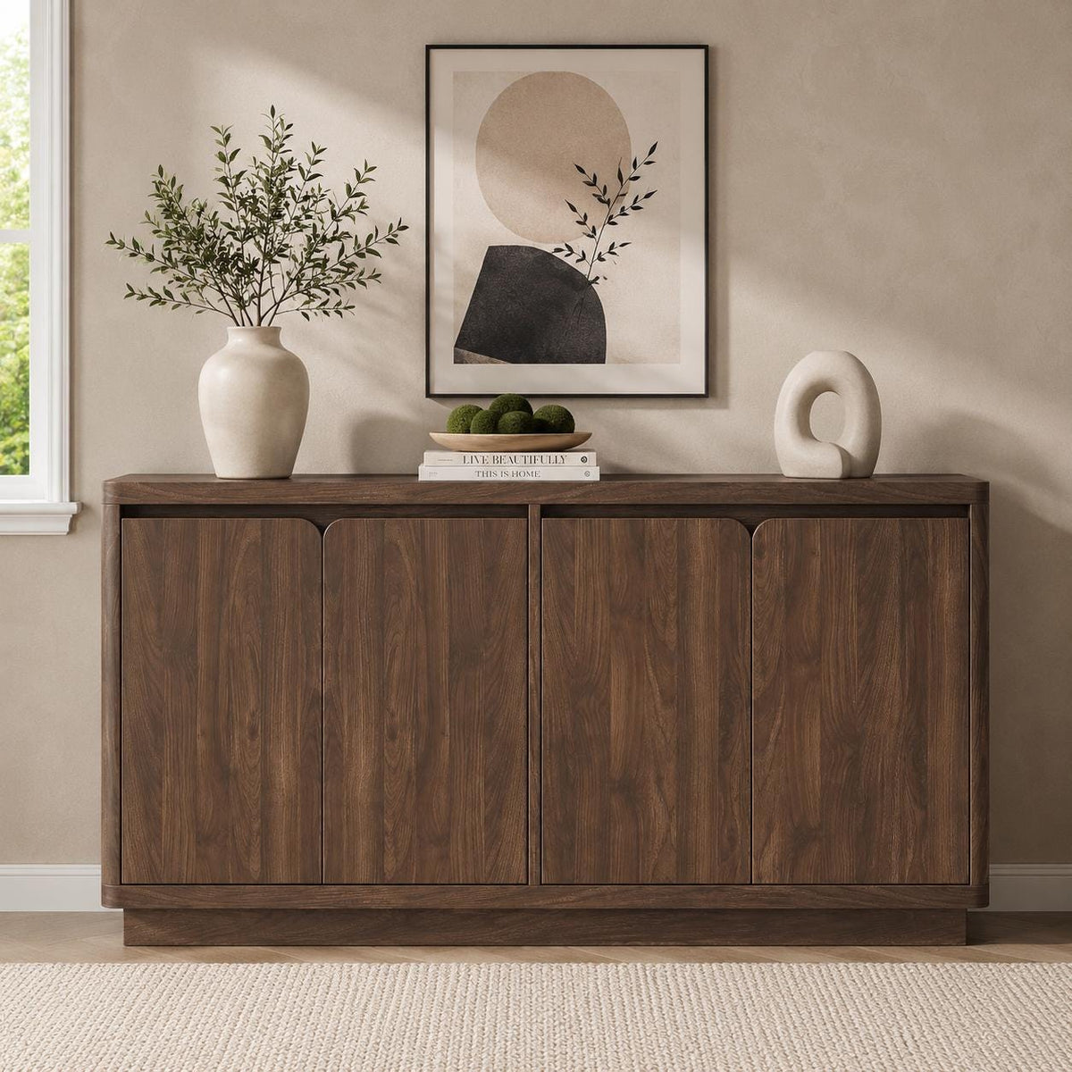 Knoworld 63" Buffet Cabinet with Storage & Power Outlet – Modern Wood Sideboard Credenza with Double-Arc Doors