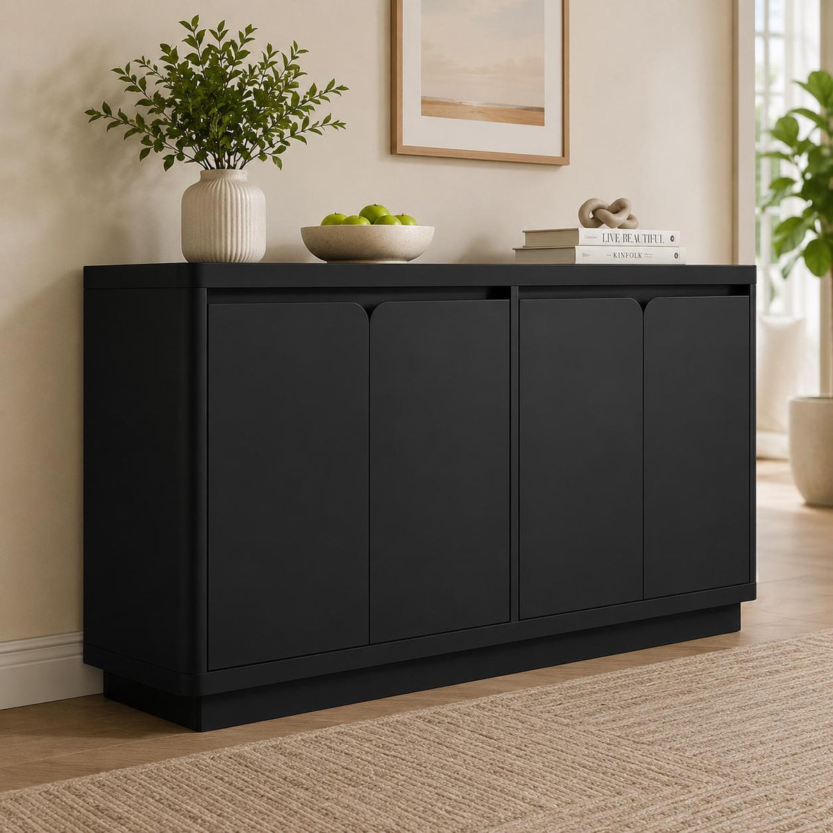 Knoworld 63" Buffet Cabinet with Storage & Power Outlet – Modern Wood Sideboard Credenza with Double-Arc Doors