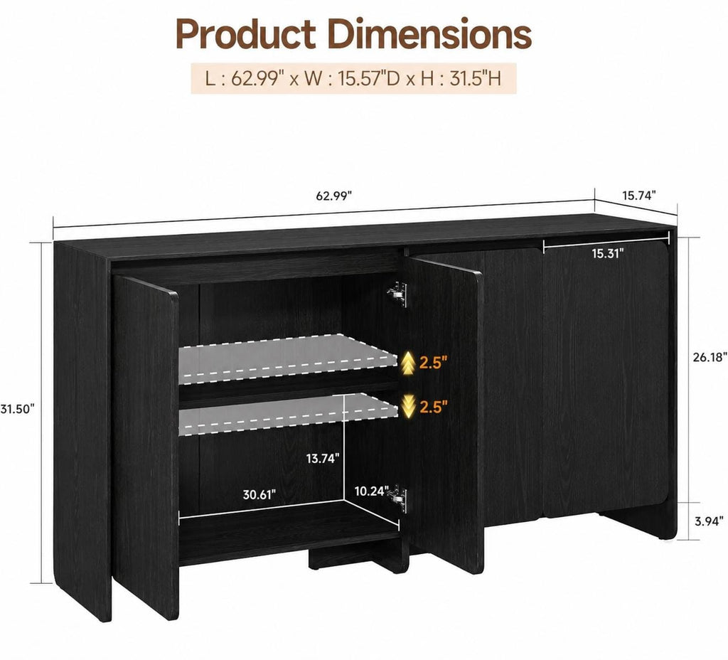 Luxury Modern Buffet Sideboard Cabinet with 4 Doors & Adjustable Shelves – Dark Wood Storage Cabinet for Living Room  Dining Area
