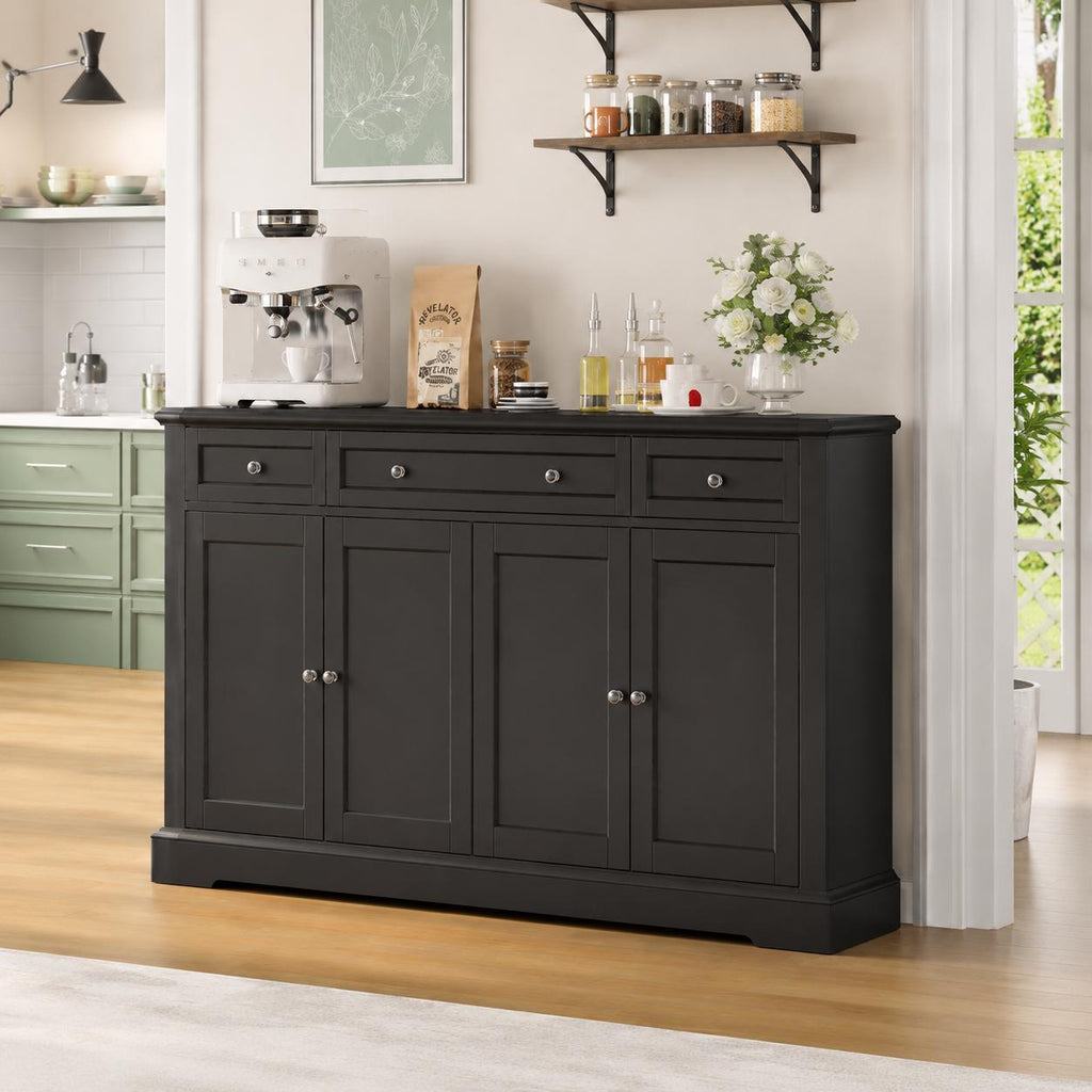 Modern Black Buffet Cabinet with Storage – 52.7” Kitchen Sideboard with Drawers & Adjustable Shelves, Coffee Bar Cabinet