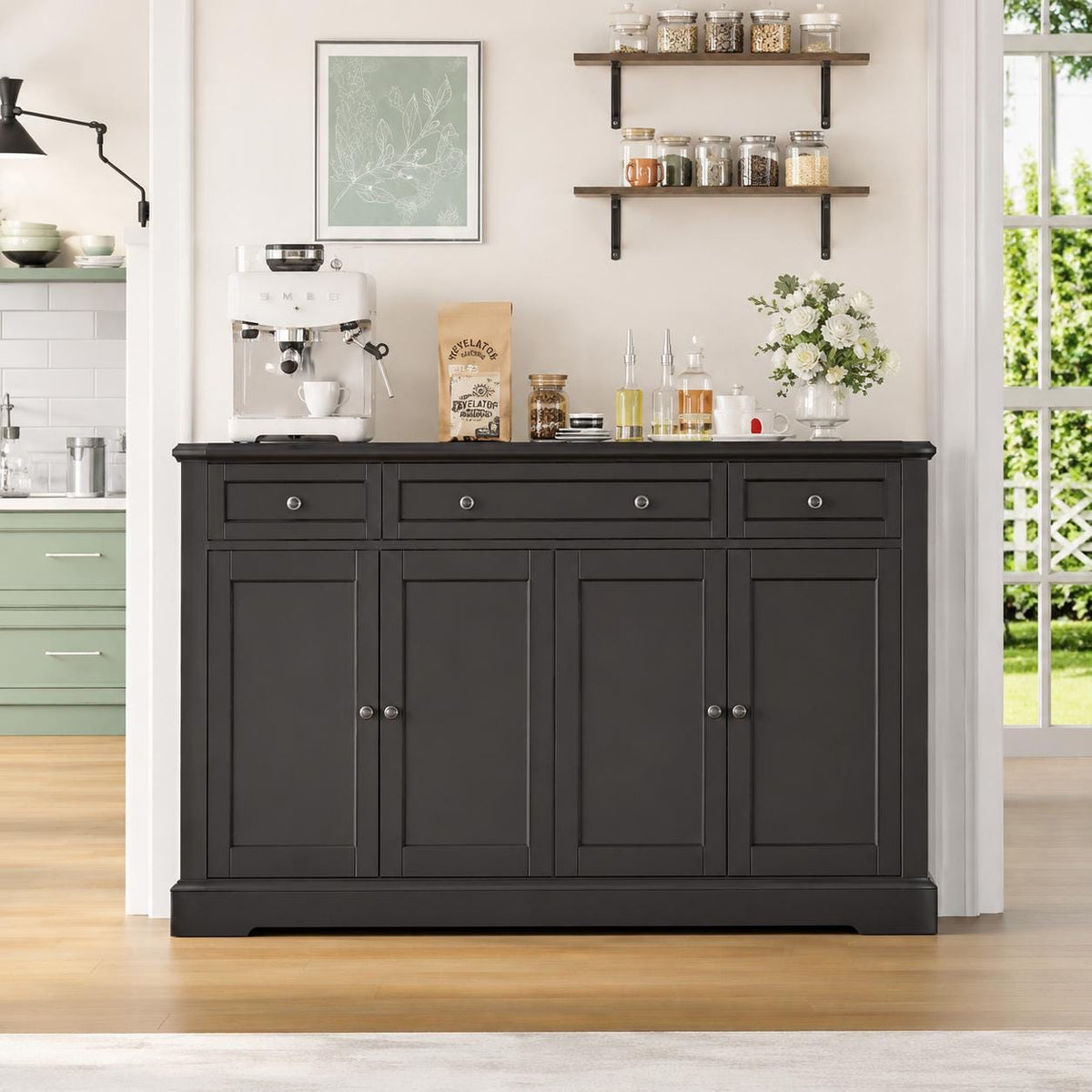 Modern Black Buffet Cabinet with Storage – 52.7” Kitchen Sideboard with Drawers & Adjustable Shelves, Coffee Bar Cabinet