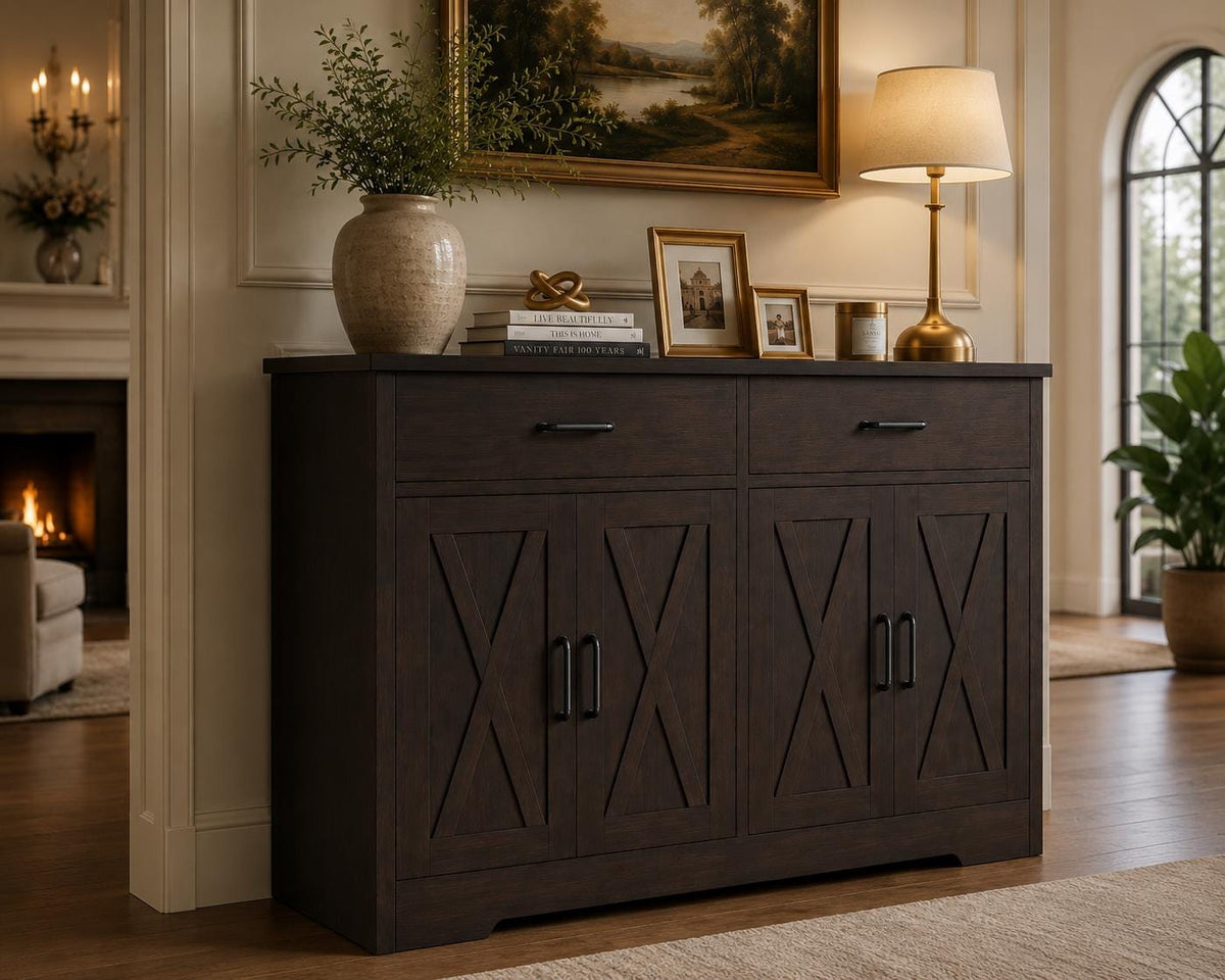 Modern Farmhouse Buffet Cabinet with Barn Doors, 47.2" Storage Sideboard Coffee Bar