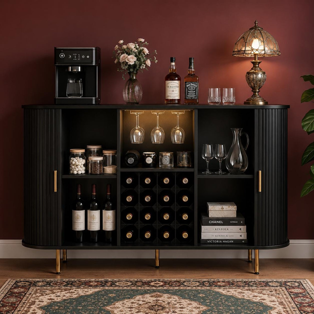 Mid Century Modern Wine Bar Cabinet with LED Lights & USB Ports