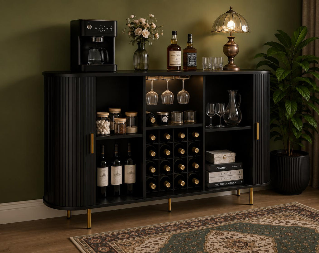 Mid Century Modern Wine Bar Cabinet with LED Lights & USB Ports
