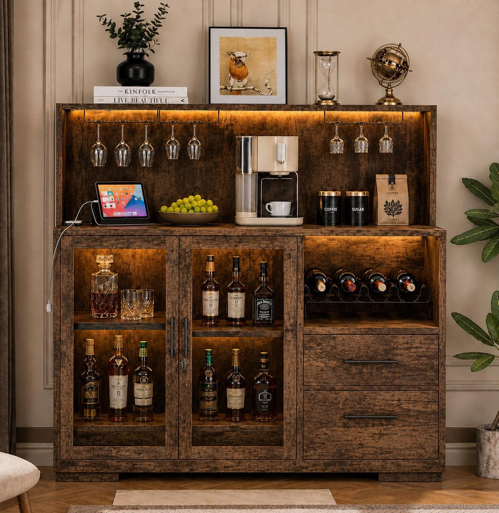 Modern Rustic LED Bar Cabinet with Power Outlets, Wine Rack & Glass Holder