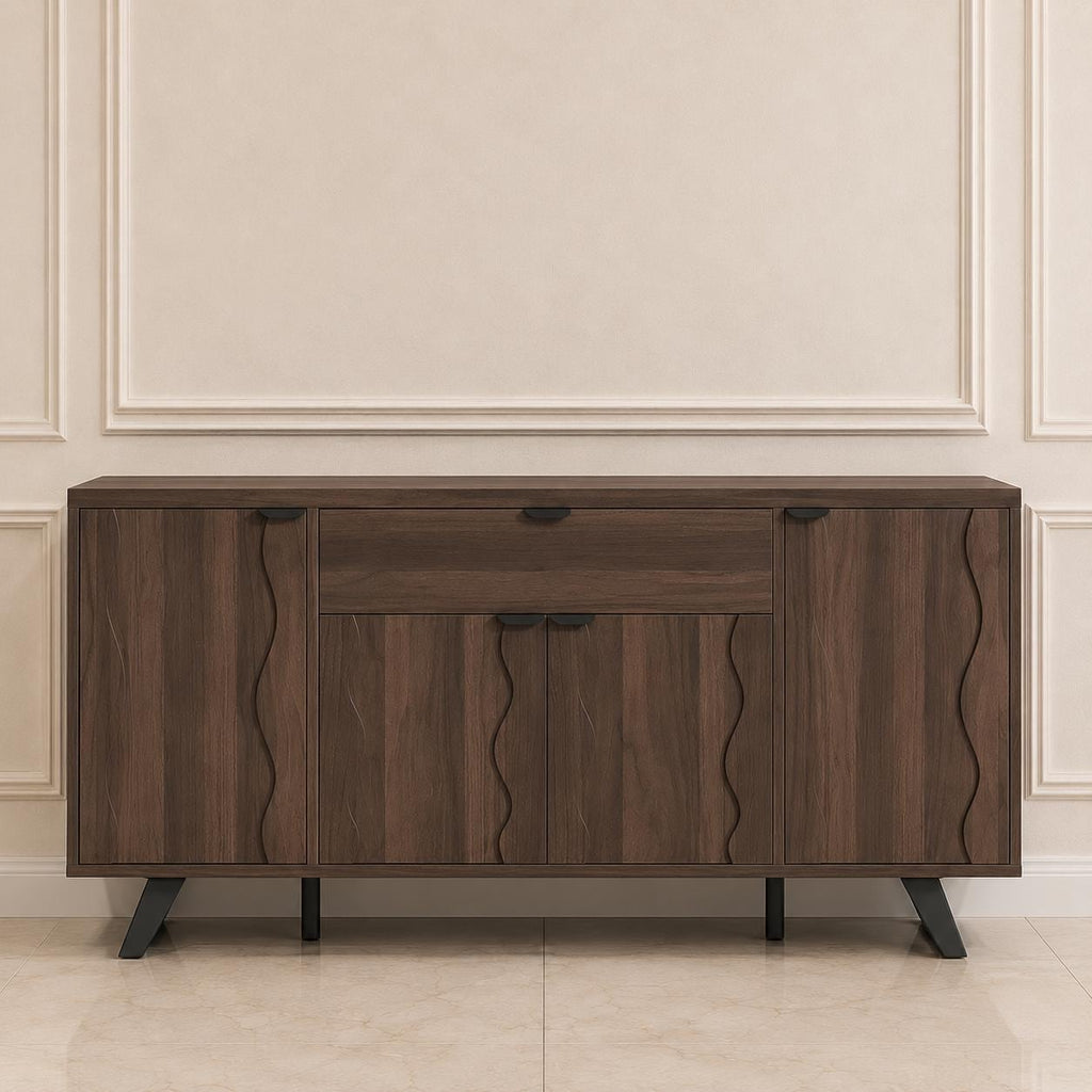 Mid-Century Modern Sideboard Buffet, 63" Wave Doors Storage Cabinet