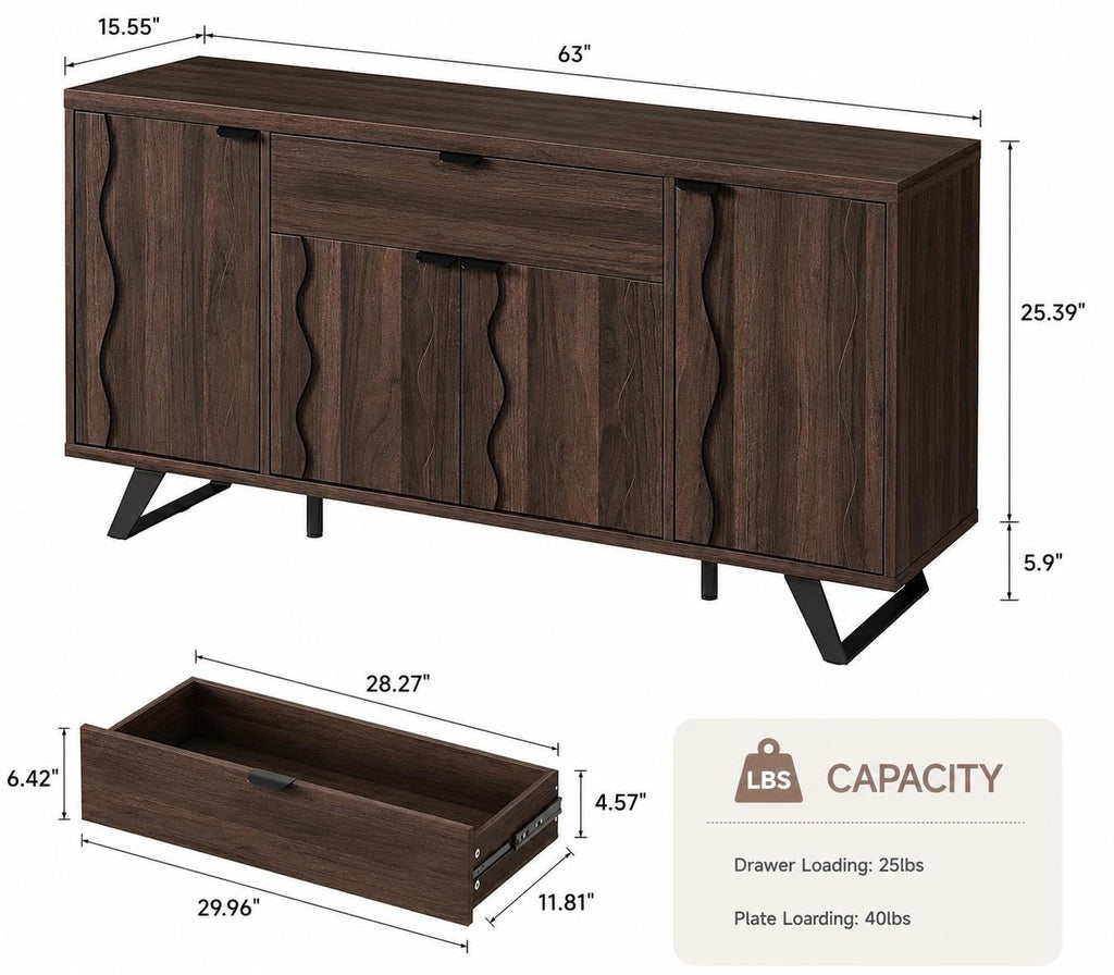 Mid-Century Modern Sideboard Buffet, 63" Wave Doors Storage Cabinet
