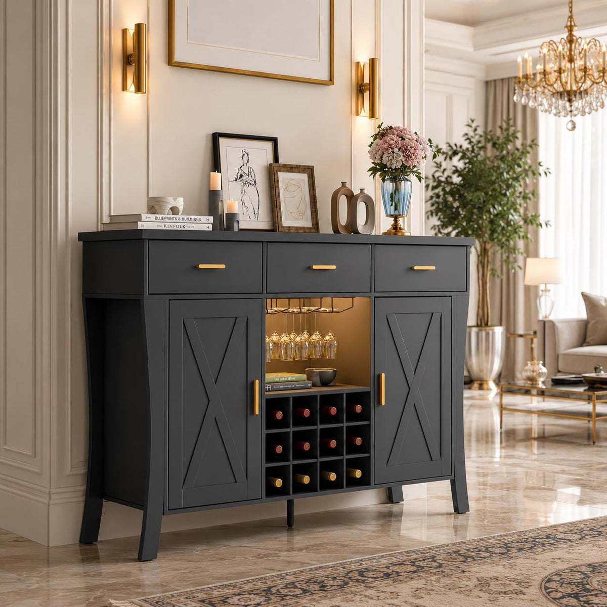 Modern LED Wine Bar Cabinet – Retro Storage Sideboard with Wine Rack & Glass Holder