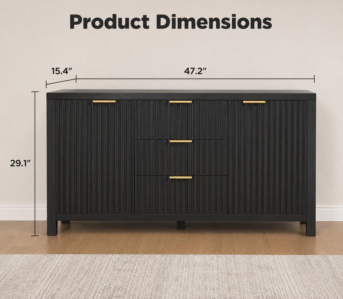 47.2" Black Fluted Sideboard Buffet Cabinet with Storage Drawers, Modern Credenza Console Table for Kitchen, Dining Room & Living Room