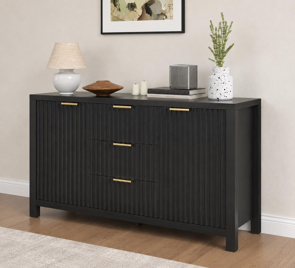 47.2" Black Fluted Sideboard Buffet Cabinet with Storage Drawers, Modern Credenza Console Table for Kitchen, Dining Room & Living Room