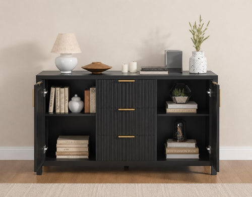 47.2" Black Fluted Sideboard Buffet Cabinet with Storage Drawers, Modern Credenza Console Table for Kitchen, Dining Room & Living Room