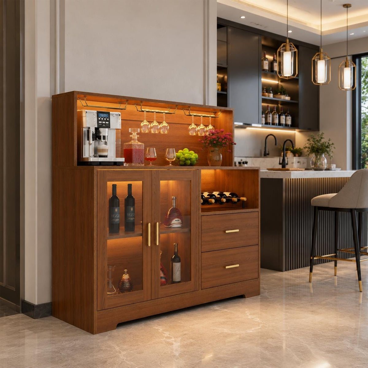 Wine Bar Cabinet with LED Lights & Glass Doors – Modern Storage Sideboard Buffet Cabinet