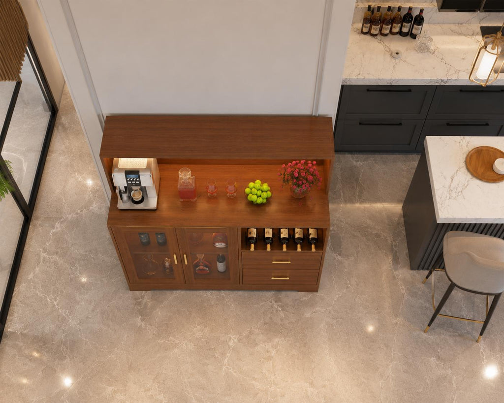 Wine Bar Cabinet with LED Lights & Glass Doors – Modern Storage Sideboard Buffet Cabinet