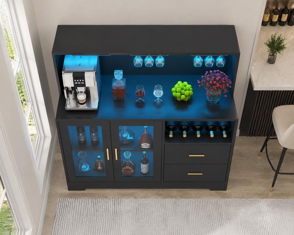 Wine Bar Cabinet with LED Lights & Glass Doors – Modern Storage Sideboard Buffet Cabinet