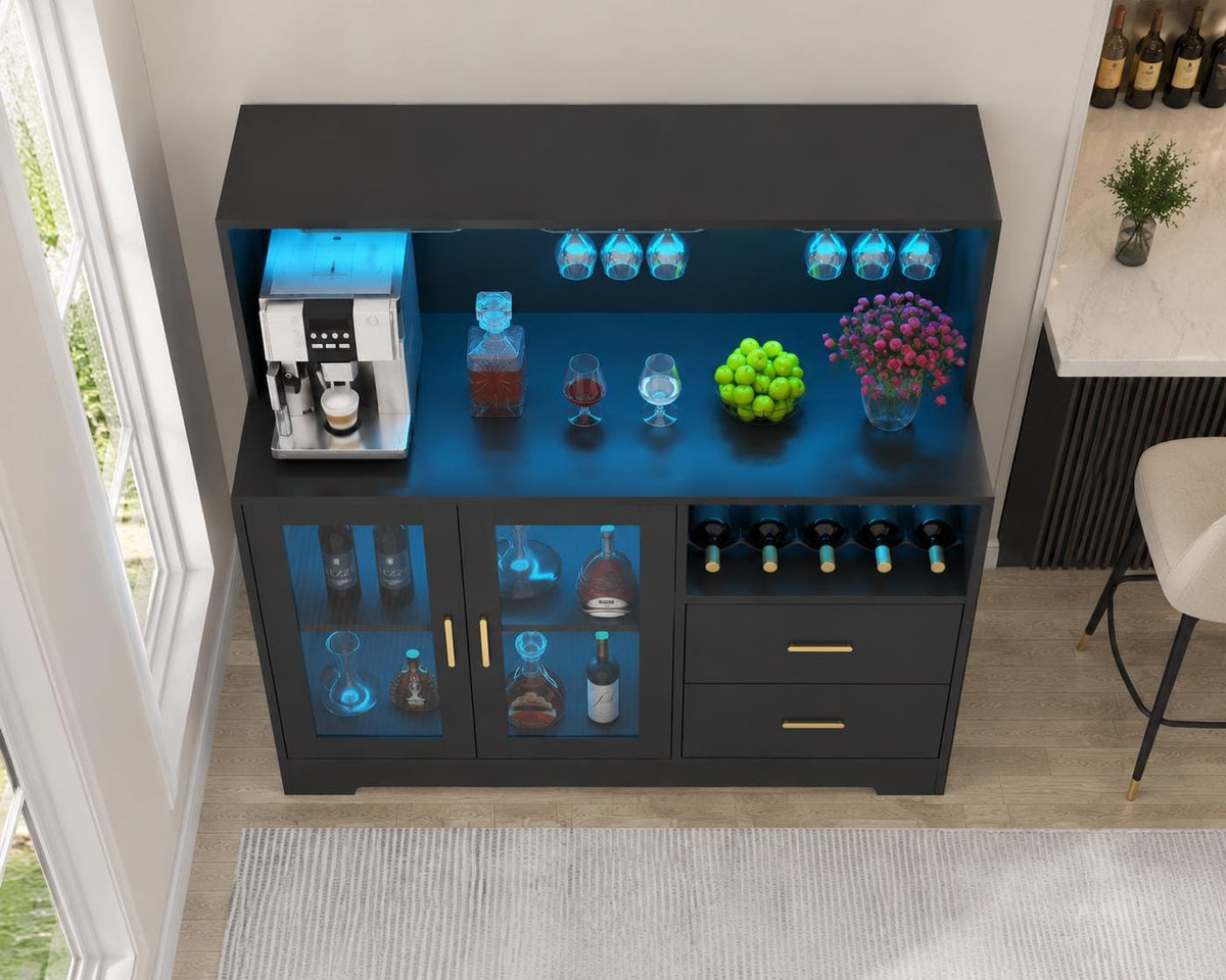 Wine Bar Cabinet with LED Lights & Glass Doors – Modern Storage Sideboard Buffet Cabinet