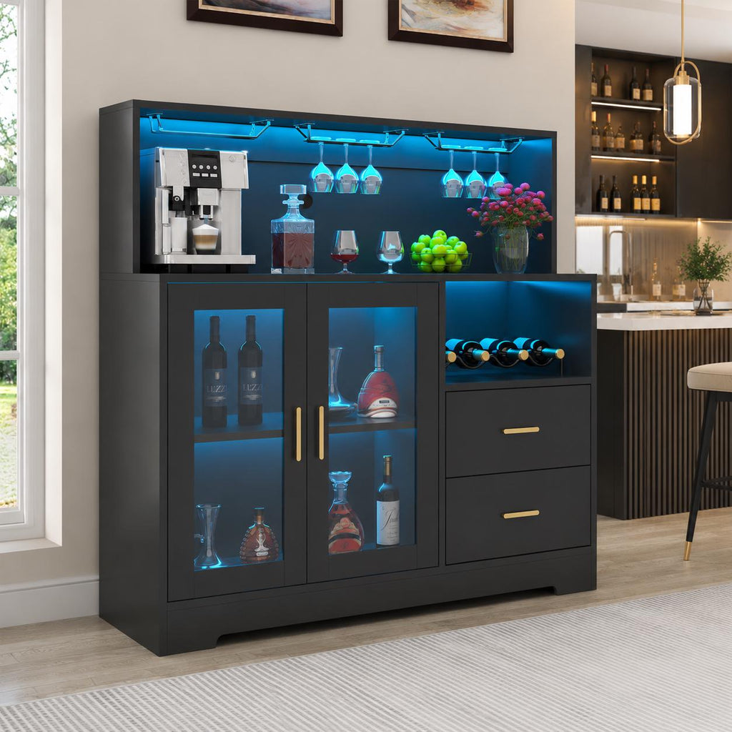 Wine Bar Cabinet with LED Lights & Glass Doors – Modern Storage Sideboard Buffet Cabinet