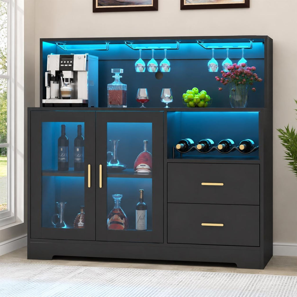 Wine Bar Cabinet with LED Lights & Glass Doors – Modern Storage Sideboard Buffet Cabinet