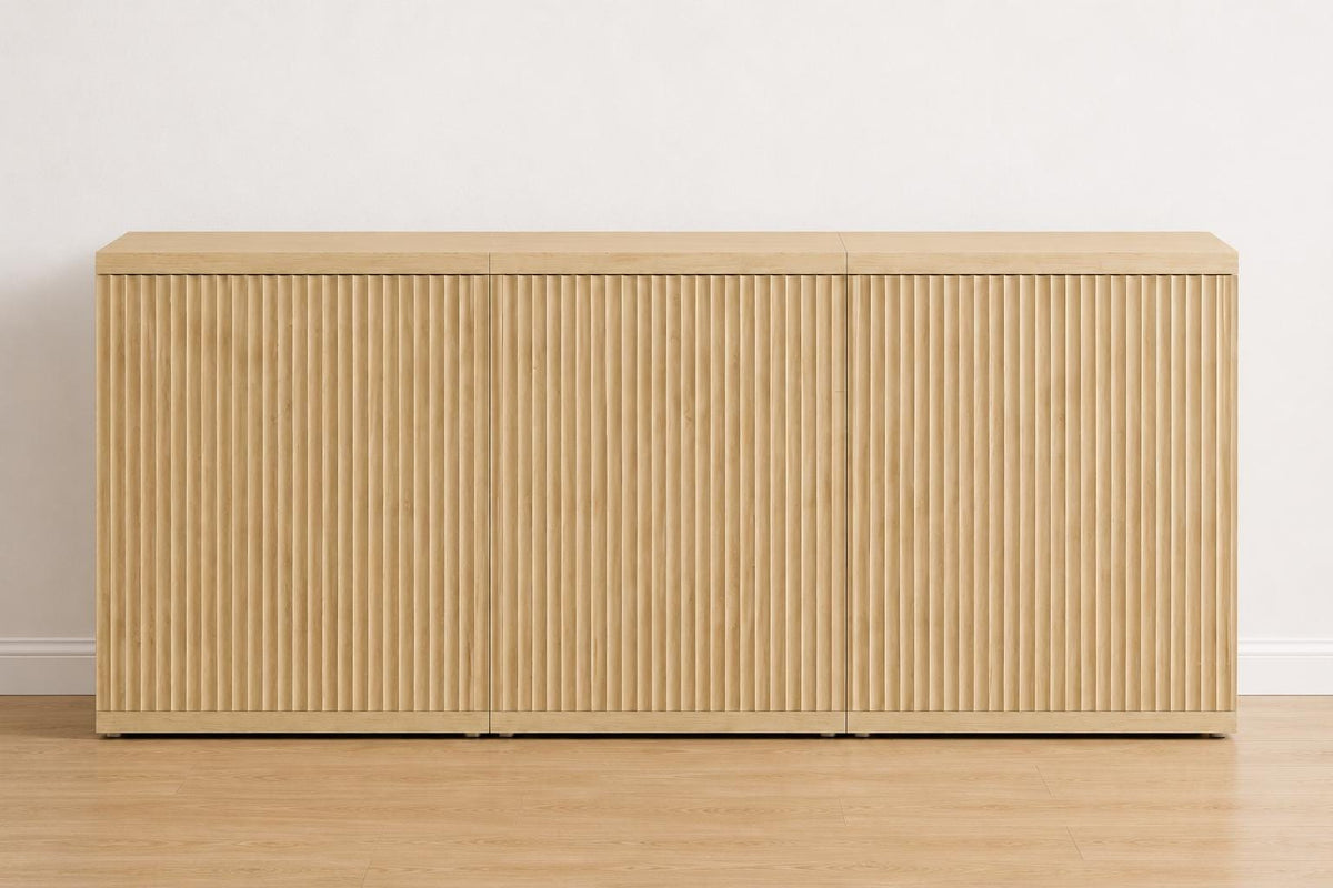 Modern Fluted Sideboard Cabinet, Light Oak Minimalist Buffet, 3 Storage Boxes