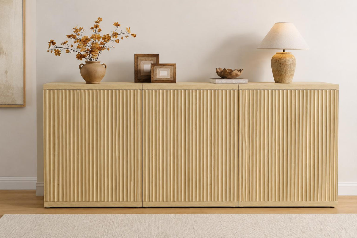 Modern Fluted Sideboard Cabinet, Light Oak Minimalist Buffet, 3 Storage Boxes