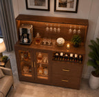 Wine Bar Cabinet with LED Light & Charging Station, Home Coffee Bar Cabinet with Wine Rack and Glass Holder